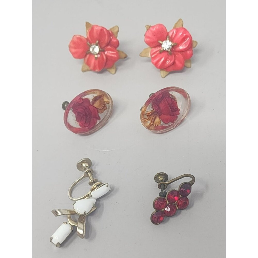 Vintage Screw On Earrings Lucite Rose Celluloid Flower Milk Glass Red Glass